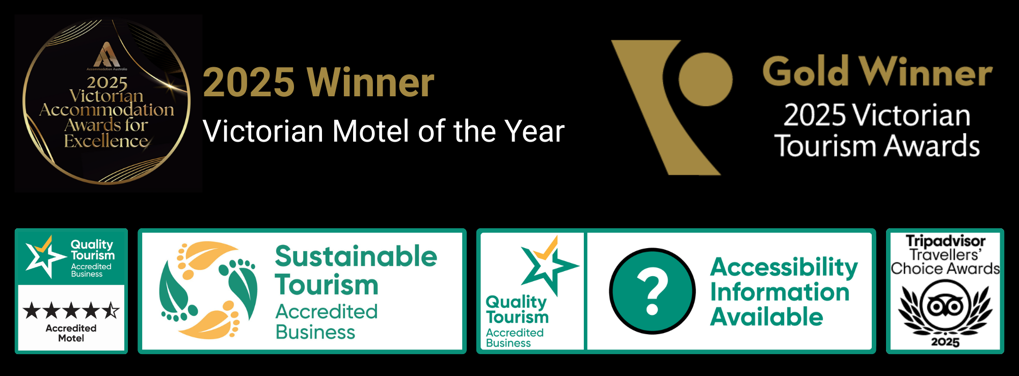 2025 badges recognise Victorian Motel of the Year, tourism awards Gold Winner and sustainability and accessibility credentials.