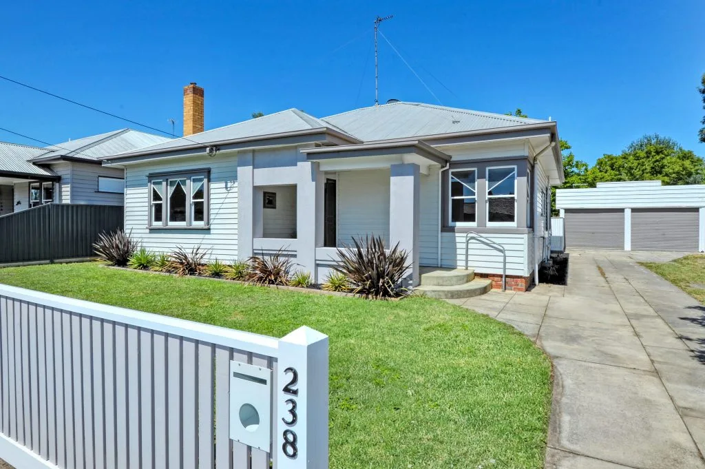 A light-blue house behind a gate marked 238.