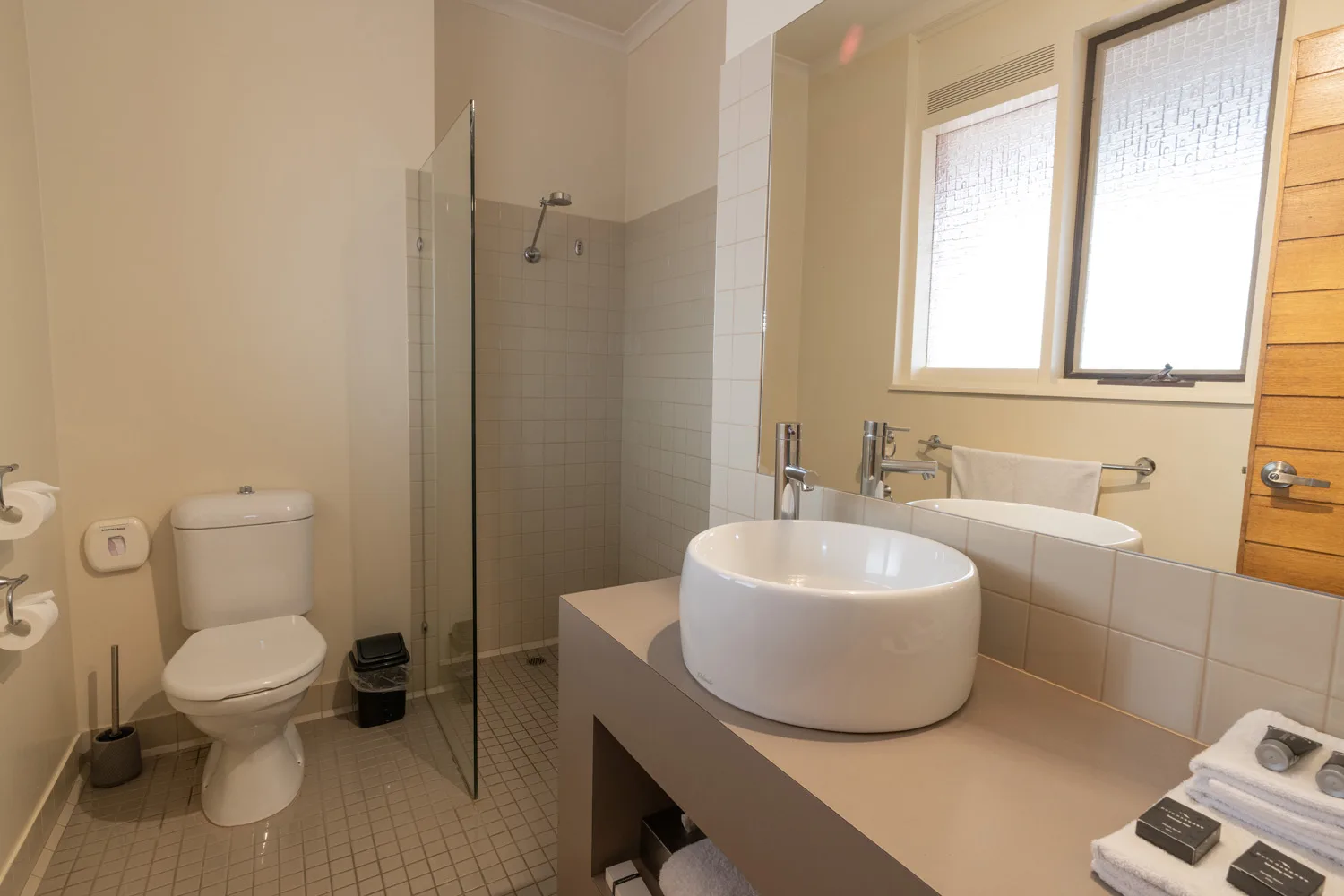 The Standard Family room bathroom has a glass shower, toilet and vessel basin.